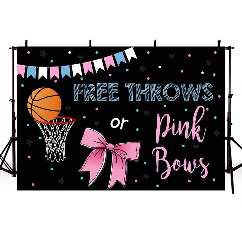 MEHOFOND MEHOFOTO Free Throws or Pink Bows Gender Reveal Party Photo Background Props Basketball or Bow Baby Shower Boy or Girl Blue Pink Decoration Black Backdrops Banner for Dessert Table 7x5ft - Image 1